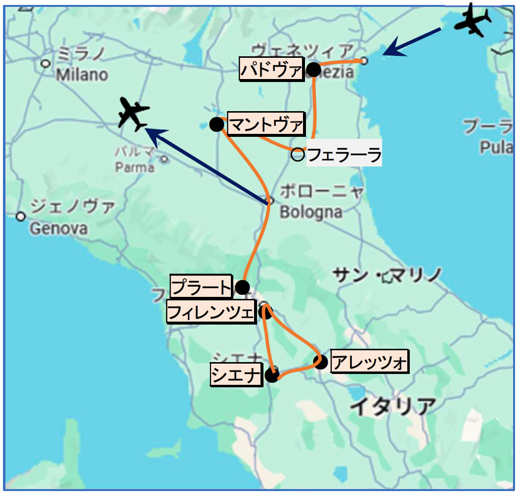 イタリア・フレスコ美術の旅 周遊マップ